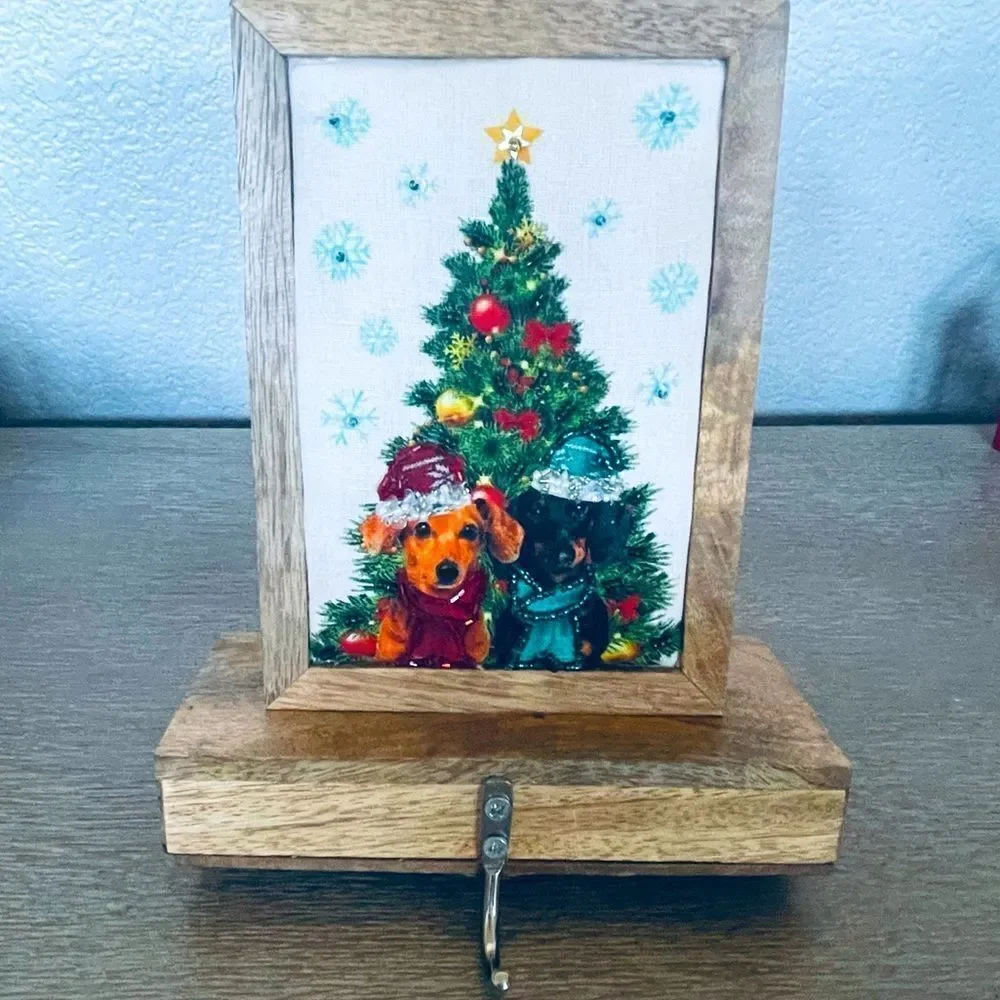 Christmas Dachshund Dogs Wood Fabric Beaded Stocking Hanger Hook